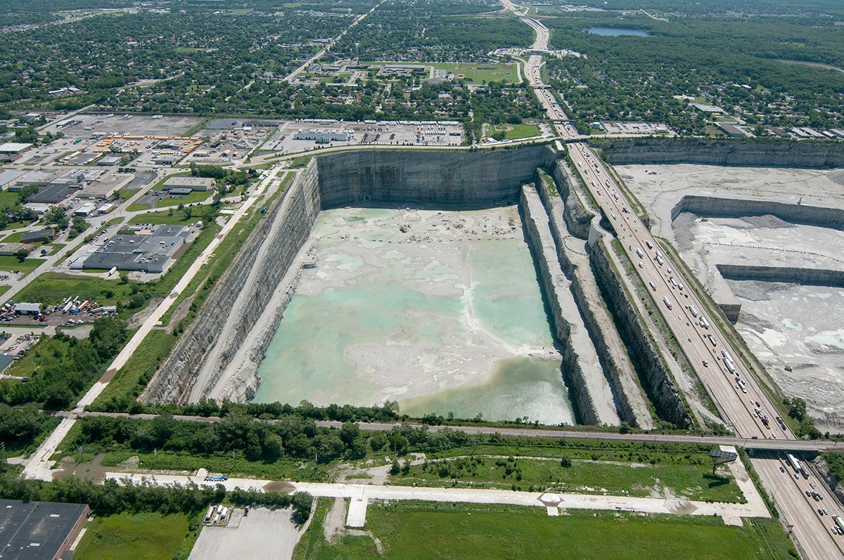 An aerial view of a large concrete pit.